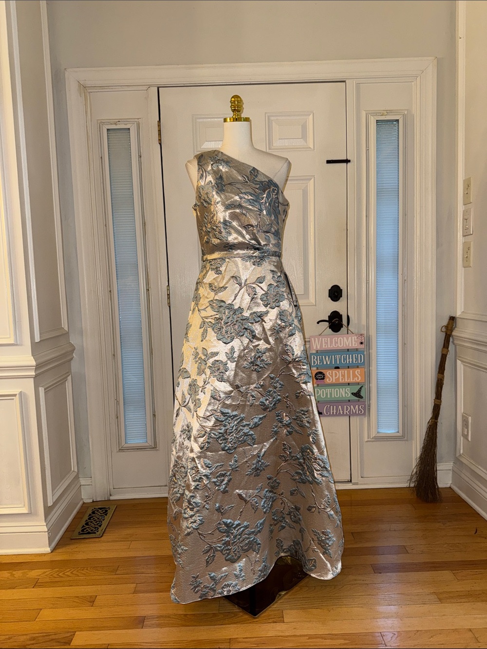 Xscape One-Shoulder Silver Floral Brocade Gown